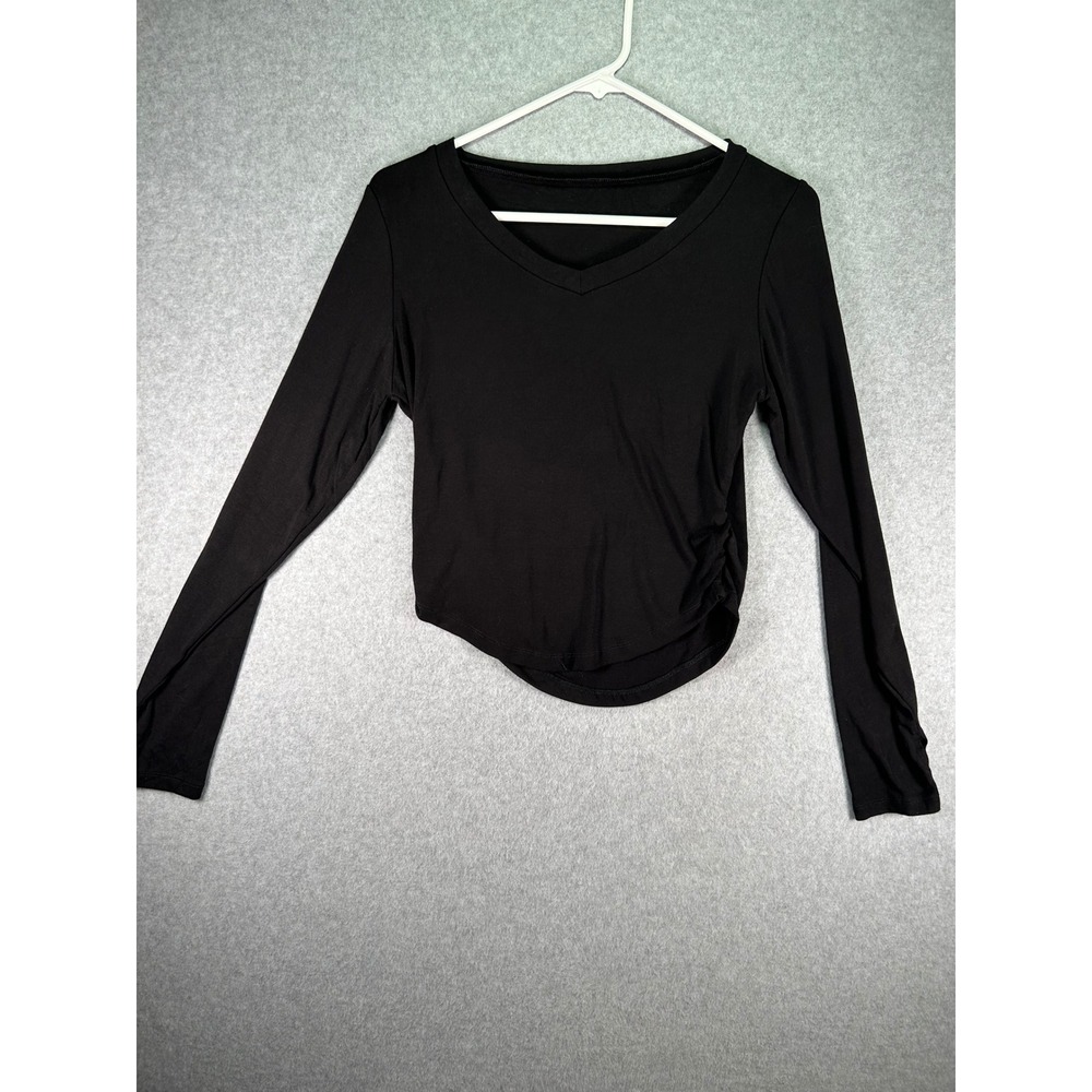Youth Girls Black Ruched Long Sleeve Top Size XL V-Neck Asymmetric Hem